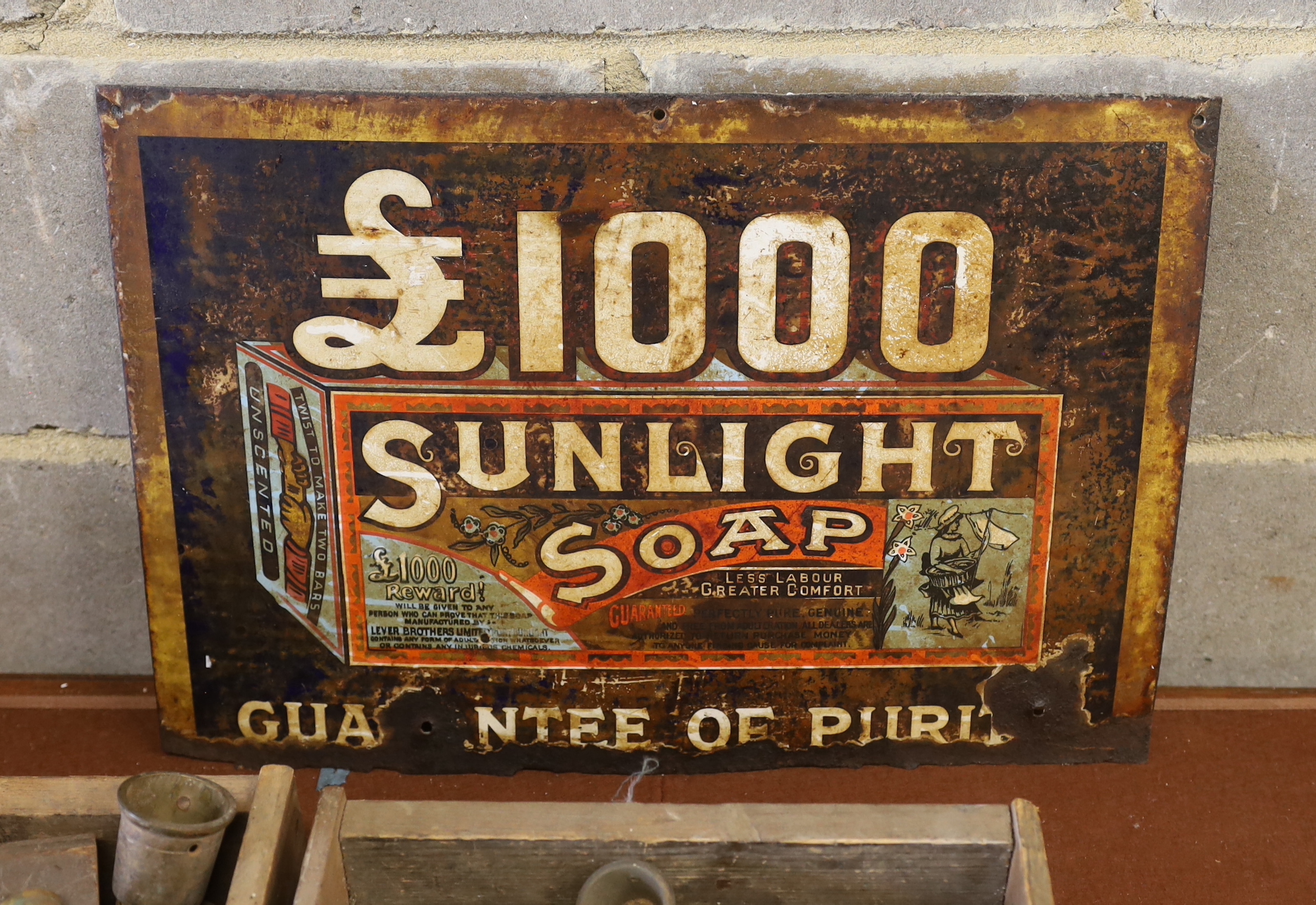 An original advertising sign 'Sunlight Soap, Guaranteed of Purity (a.f.), width 51cm, height 35cm